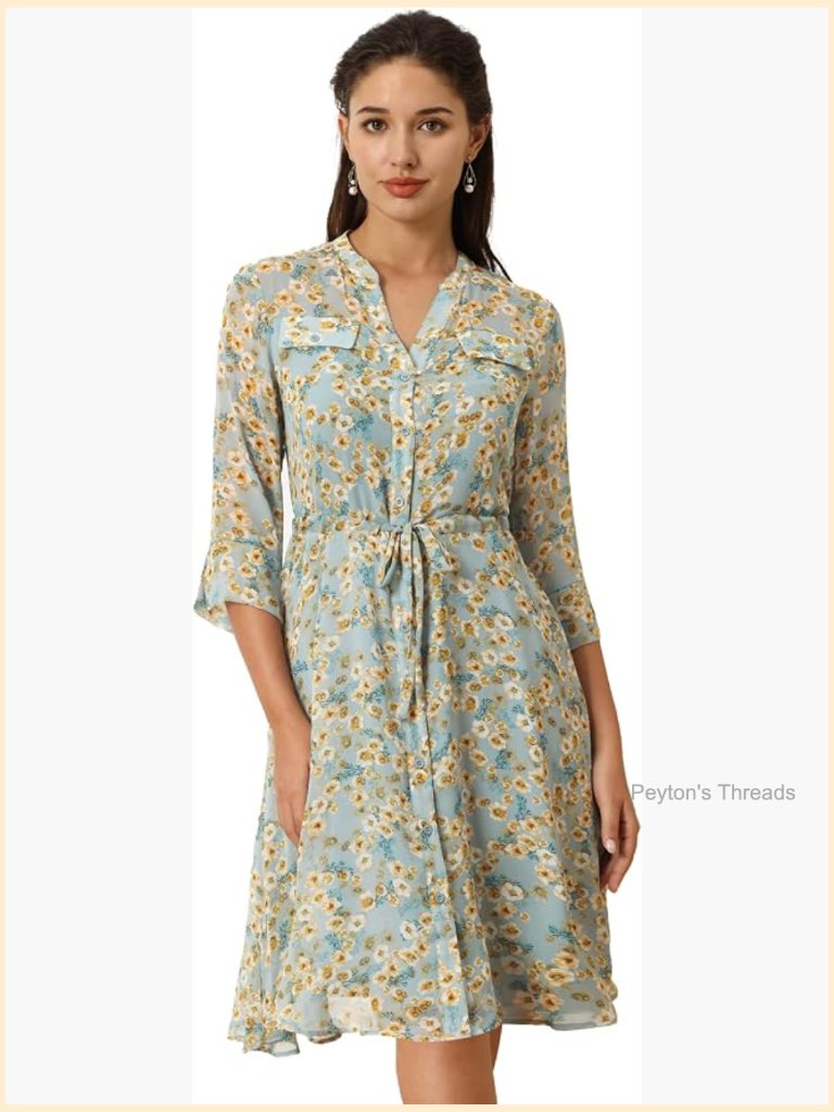 3/4 Sleeve Floral Dress V Neck Button Up Chiffon A-Line Flowy Midi Dress